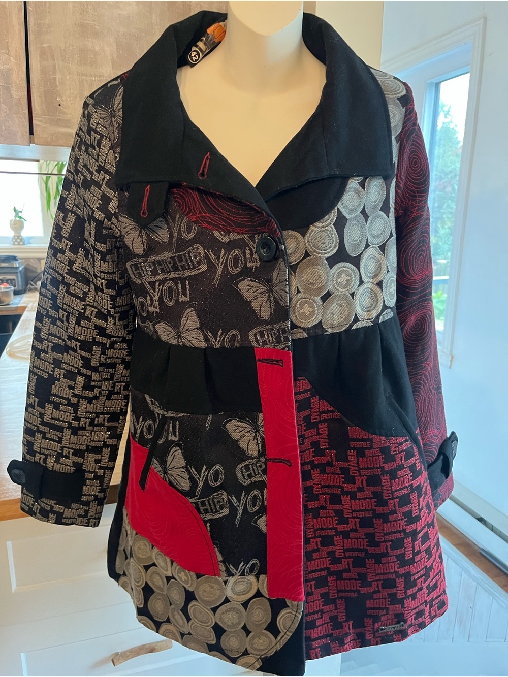 Desigual Vintage Y2K Patchwork Asymmetrical Statement Coat Size 42